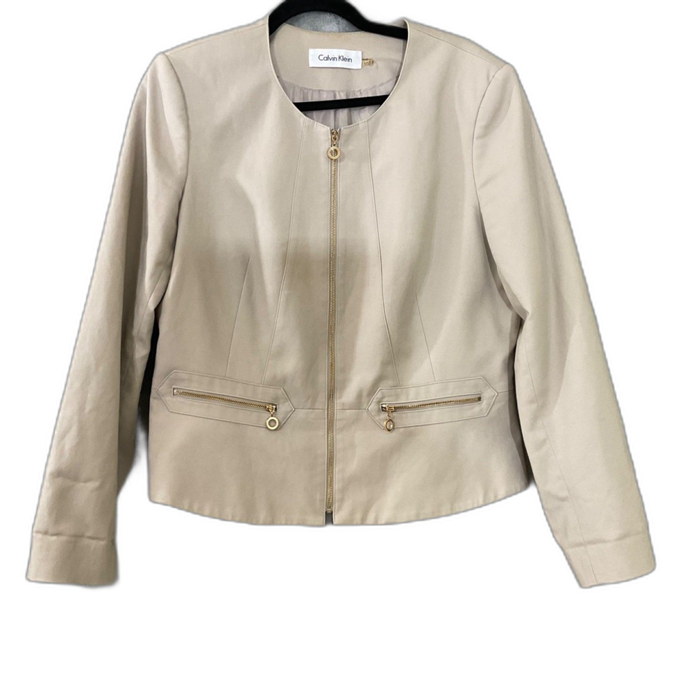 Calvin Klein Blazer Zip Career Blazer Jacket women’s  Size 14 Beige pockets